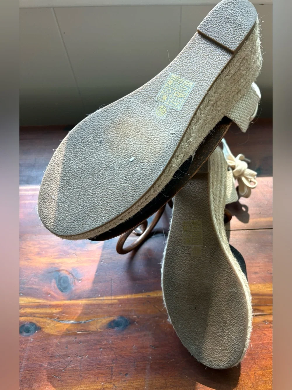 Journee Collection Black and Cream Canvas Espadrille Wedges